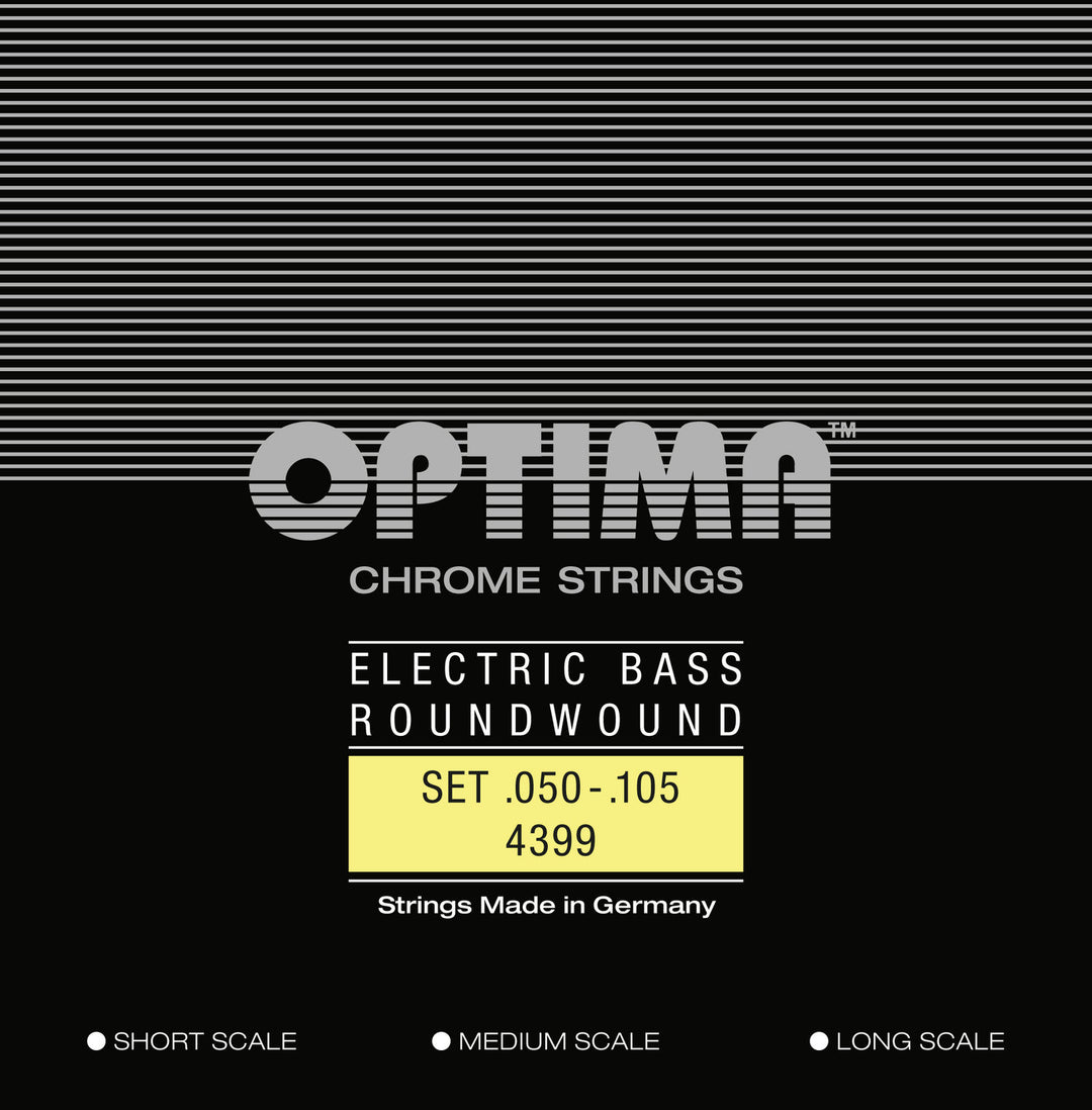 Optima E-Bass-strenger Chrome Strings rundviklede lang mensur – sett 4-strengers medium (4399M)