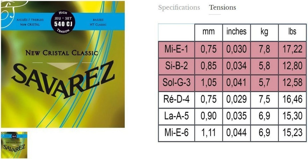 Savarez strenger til klassisk gitar New Cristal Classic - Sett høy (540CJ)