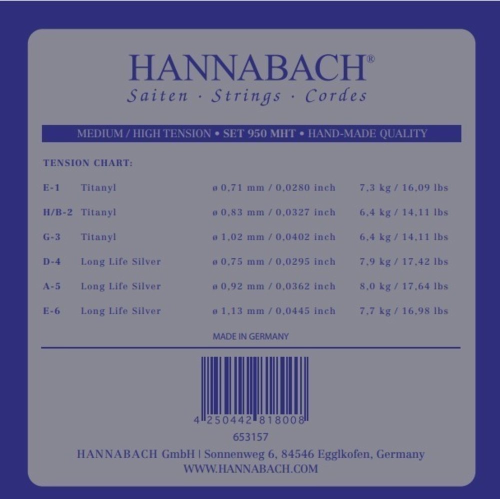 Hannabach 950 E1 diskantstreng, klassisk gitarer, medium/High tension