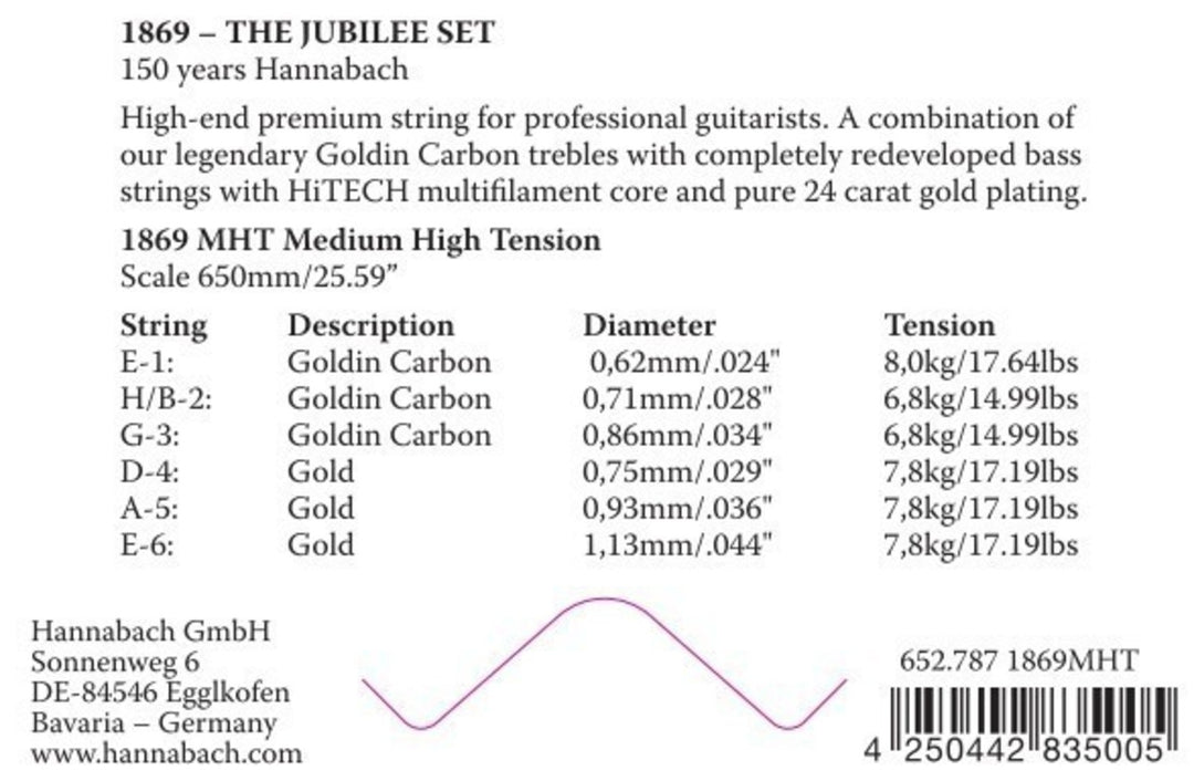 Hannabach strenger for klassisk gitar Serie 1869 Carbon/Gold MHT - 3 stk. bass-sett (18697MHT)