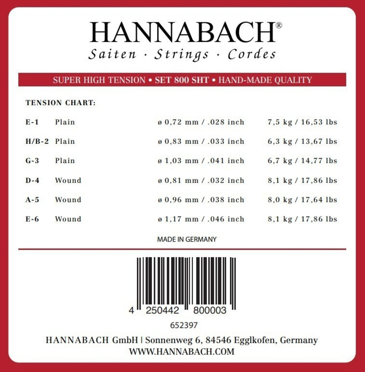 Hannabach-strenger til klassisk gitar Serie 800 Super High Tension sølvbelagt - Sett super høy (800SHT)