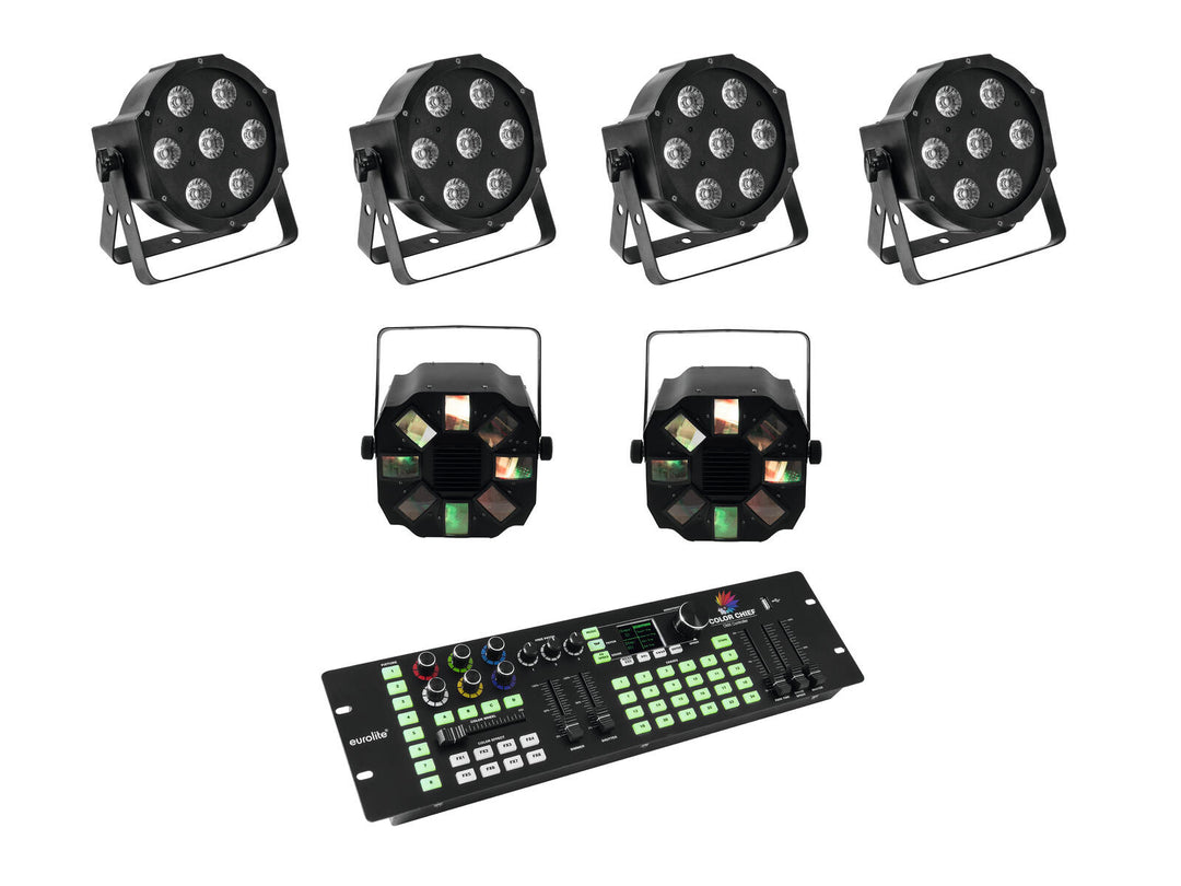 EUROLITE sett 4x LED SLS-7 HCL Floor + 2x LED FE-700 + DMX LED Color Chief-kontroller