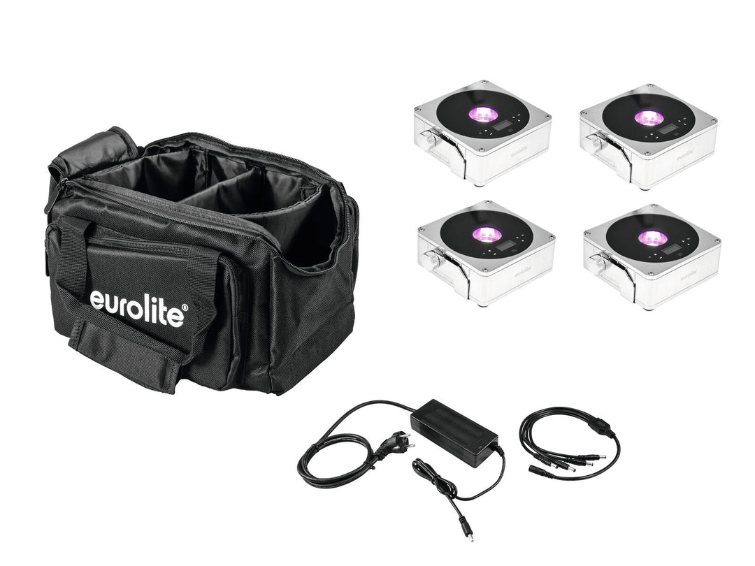 EUROLITE-sett 4x AKKU IP Flat Light 1 chrome + Soft Bag + Charger