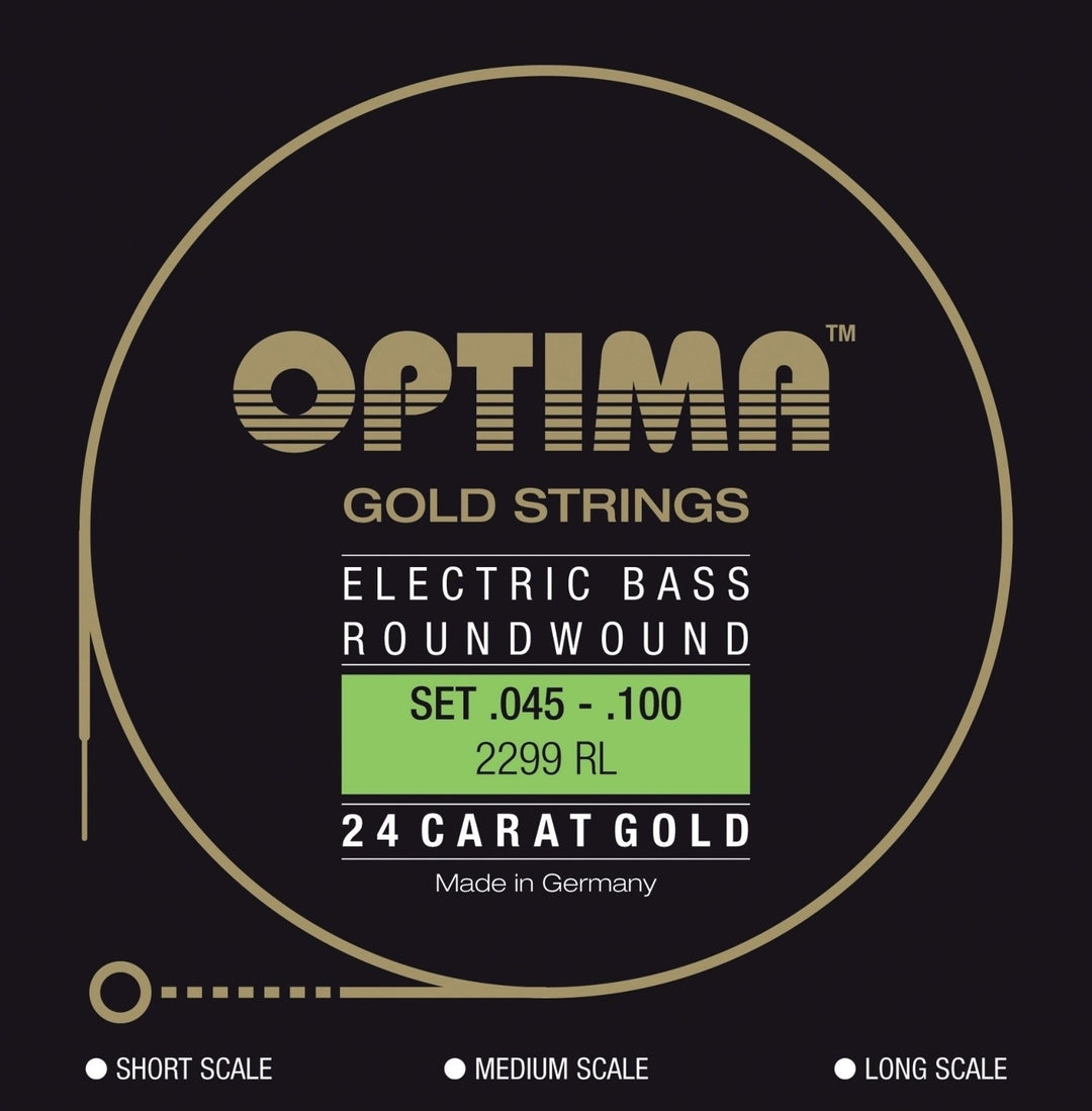 Optima E-bass-strenger Gold Strings rundviklede lang skala – sett 4-strengers reg-light (2299L)