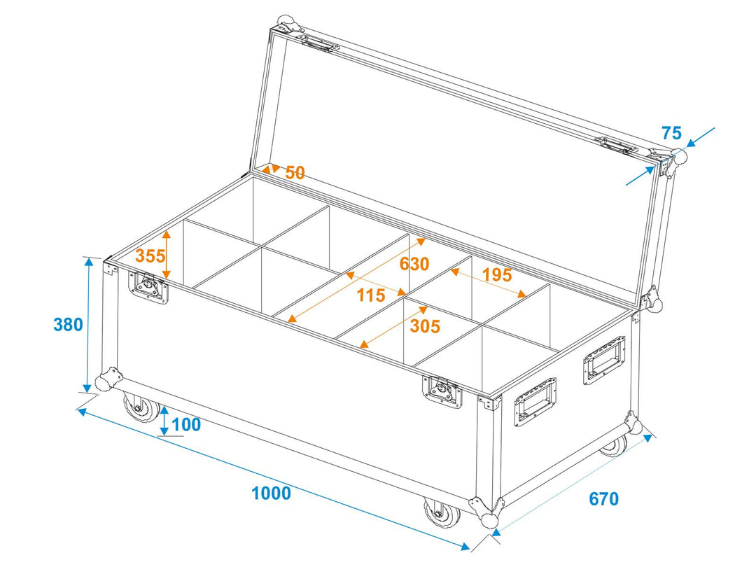 ROADINGER Flightcase for 8x LED IP PAR 12x8W QCL/12x9 SQL Spot med hjul