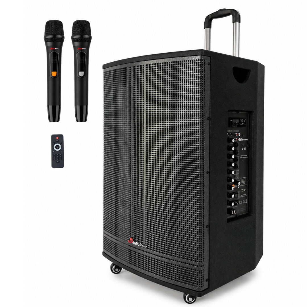 Audioport V15 transportabel aktiv høyttaler 500 W med 2 mikrofoner