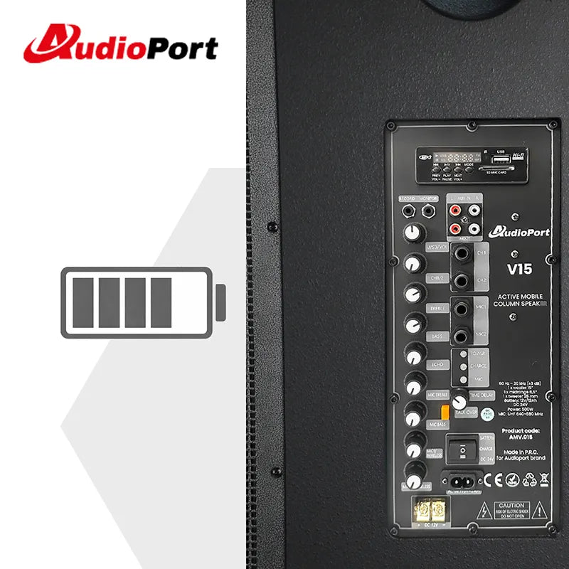 Audioport V15 transportabel aktiv høyttaler 500 W med 2 mikrofoner