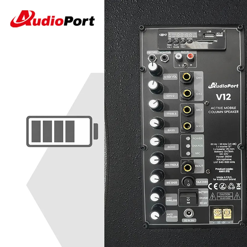 Audioport V12 transportabel aktiv høyttaler 350 W med 2 mikrofoner