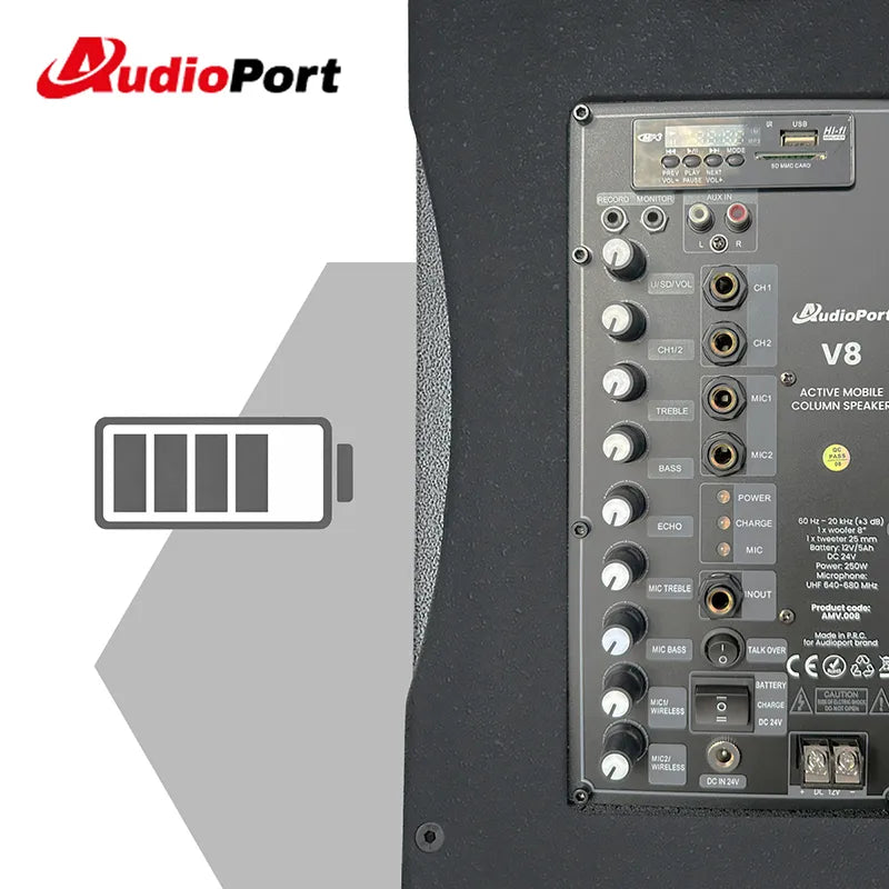 Audioport V8 transportabel aktiv høyttaler 250 W med 2 mikrofoner