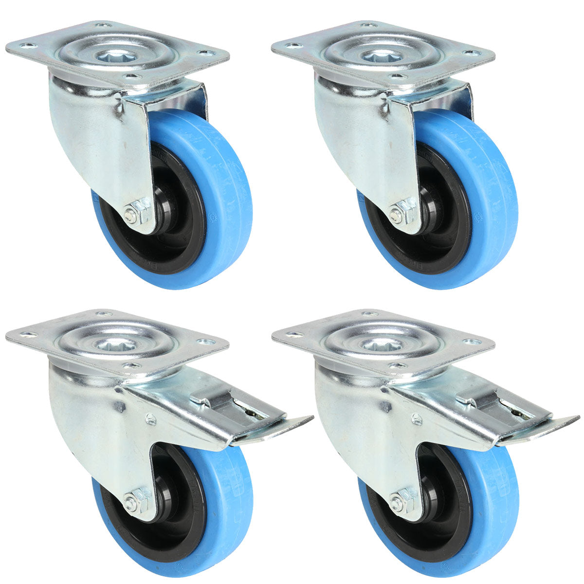 4x blå hjul 2 med og 2 uten brems (100 mm)