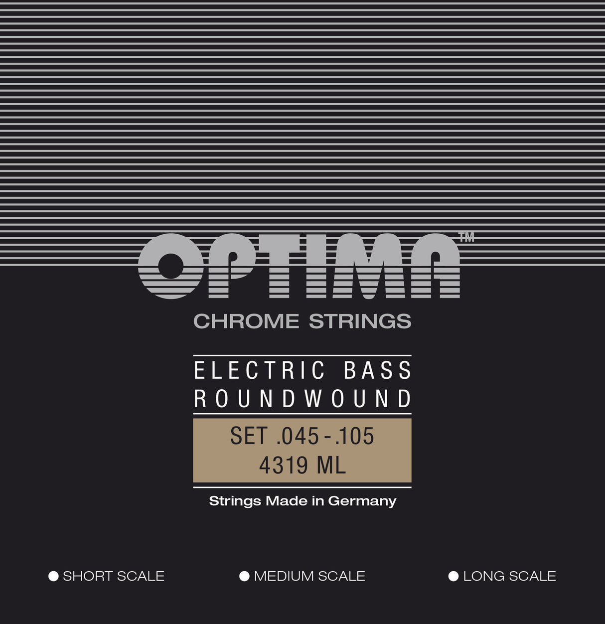 Optima E-Bass-strenger Chrome Strings rundviklede lang mensur – sett 4-strengers medium-light (4319ML)