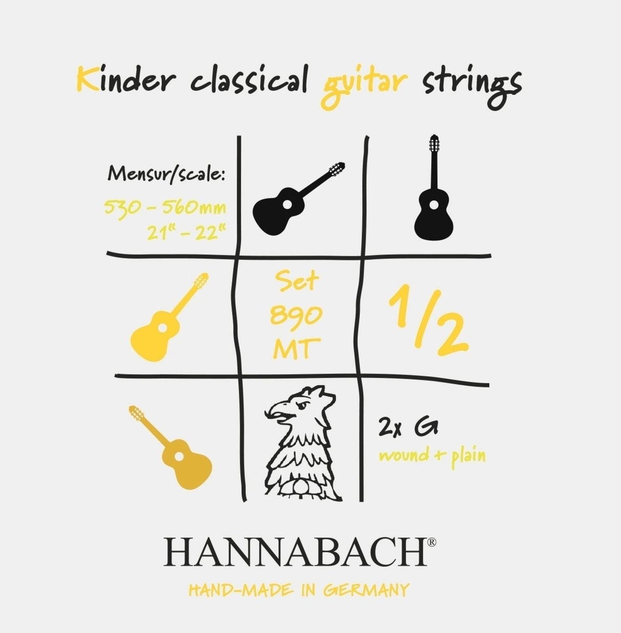 Hannabach strenger for klassiske gitarer serie 890 1/2 klassisk gitar for barn mensur: 53-56 cm - sett med 2 G-strenger (890MT 1/2)
