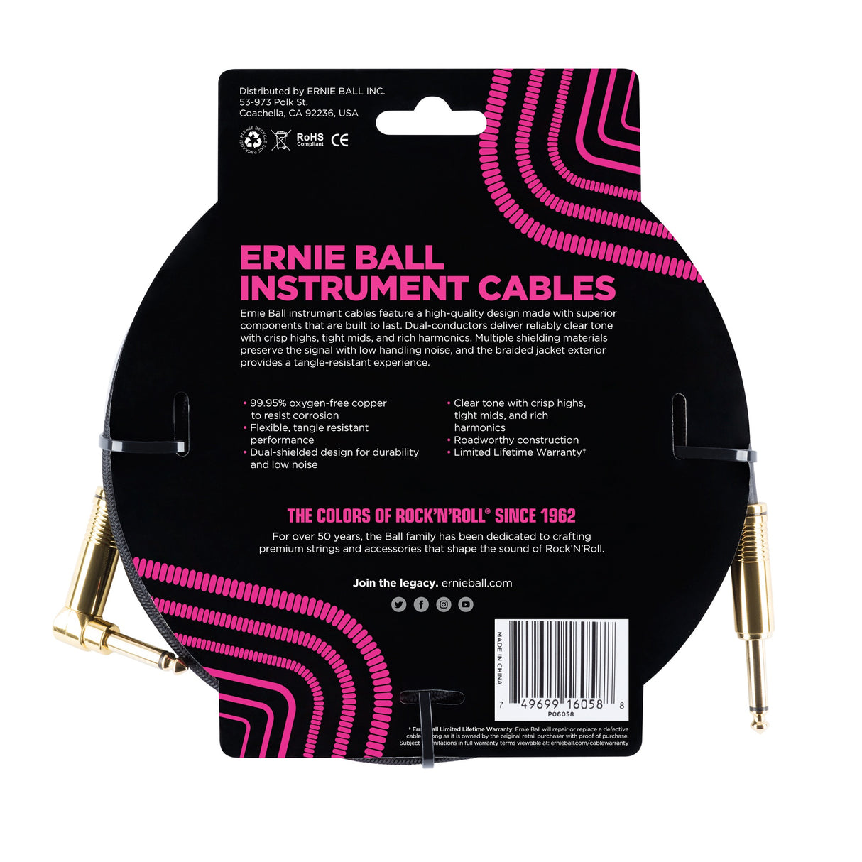 Ernie Ball 6058 gitarkabel (svart, 7,5 m)