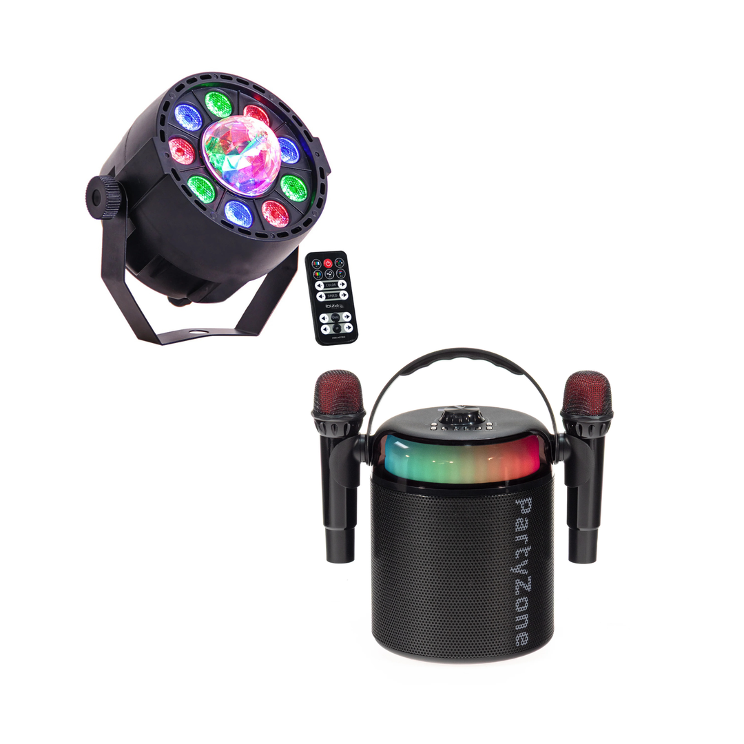 PartyZone Karaoke Set med 2 Mikrofoner (Svart) & LED PAR-ASTRO 2-i-1 Diskolys