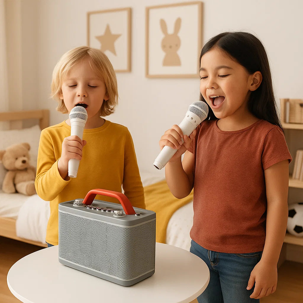 Karaoke-høyttaler med 2 mikrofoner (Hvit)