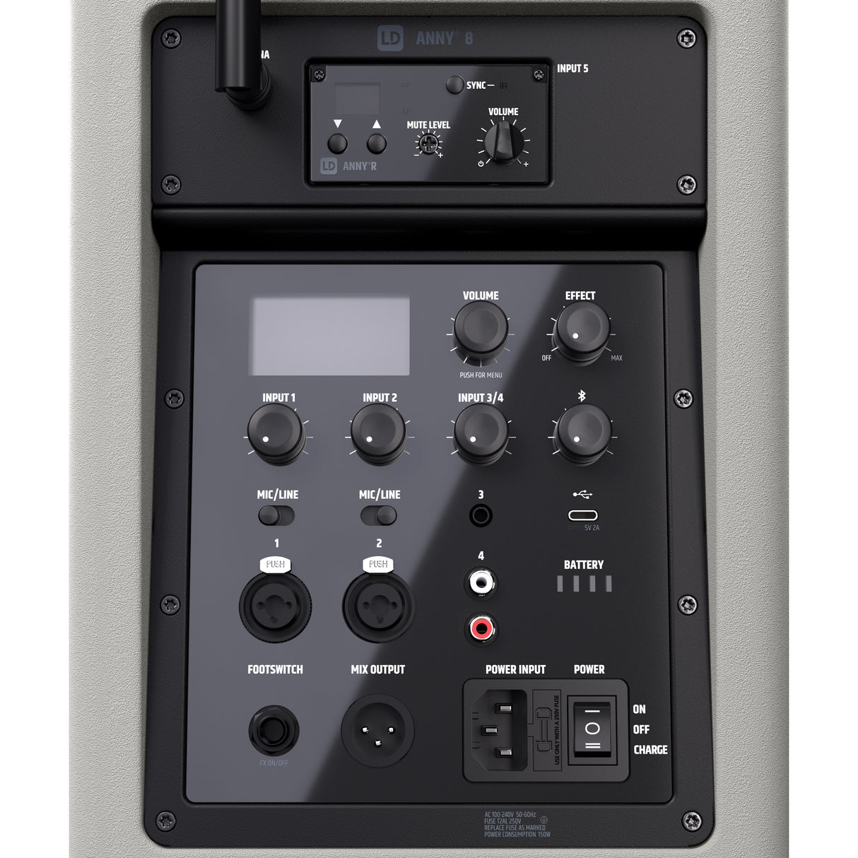 LD Systems ANNY® 8 BPH B8 G - Bærbar batteridrevet Bluetooth® PA-høyttaler med mikser og 1x headsetmikrofon (inkl. bodypack), Urban Grey