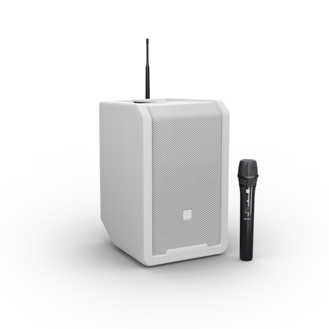 LD Systems ANNY® 8 HHD B6 W - Bærbar batteridrevet Bluetooth® PA-høyttaler med mikser og 1x trådløs håndholdt mikrofon, Ren hvit