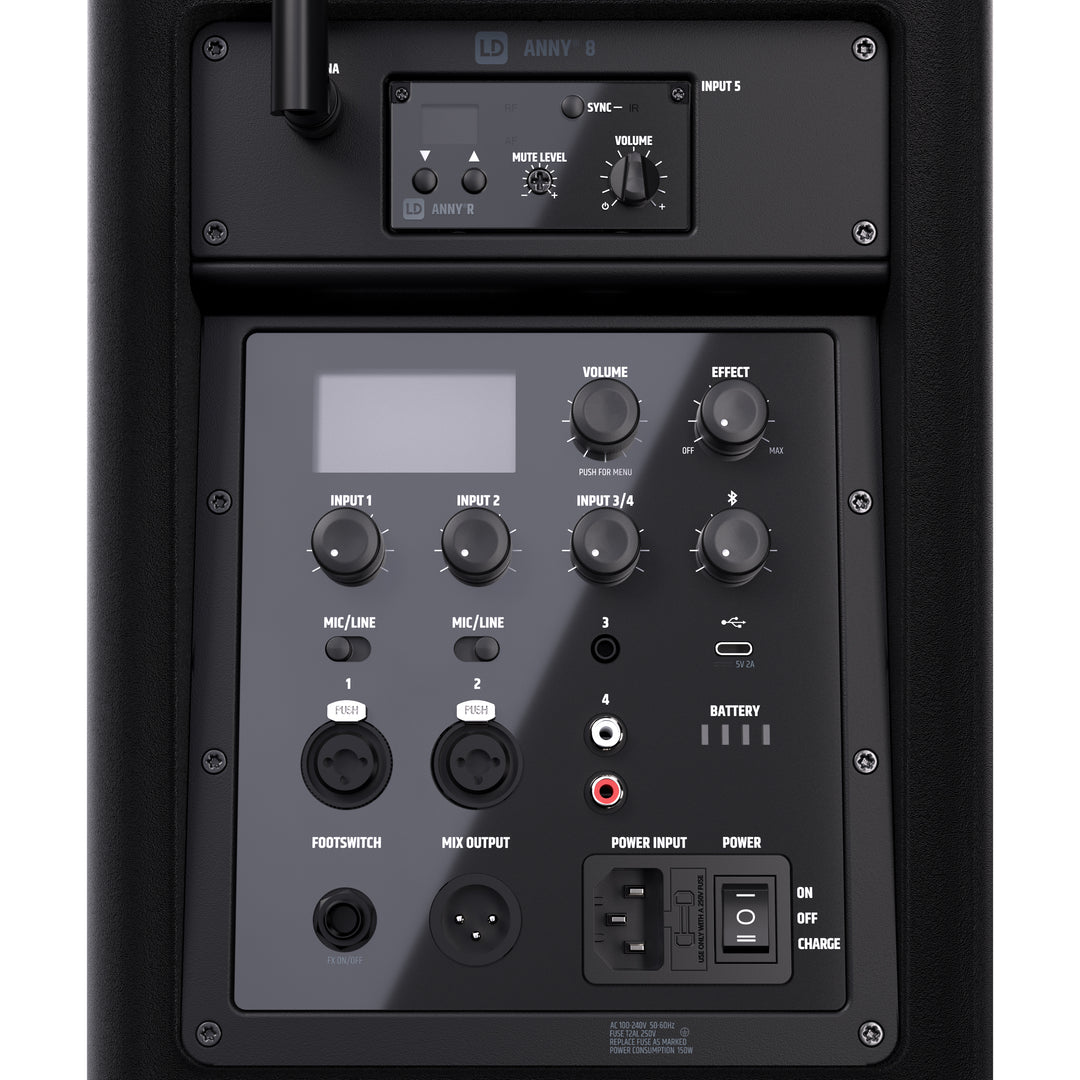 LD Systems ANNY® 8 HHD B8 - Bærbar batteridrevet Bluetooth® PA-høyttaler med mikser og 1 x trådløs håndholdt mikrofon, Stage Black