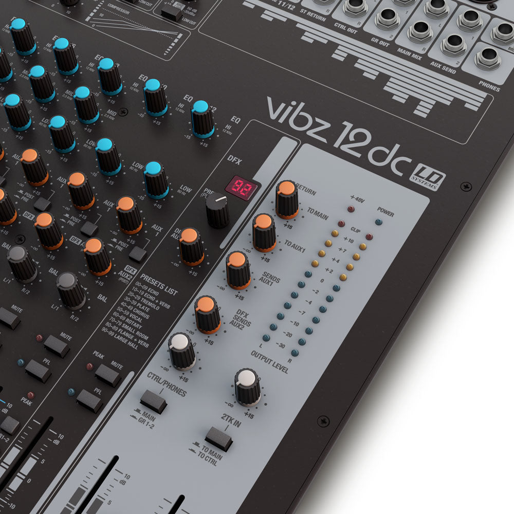 LD Systems VIBZ 12 DC - 12-kanals mixerpult med DFX og kompressor