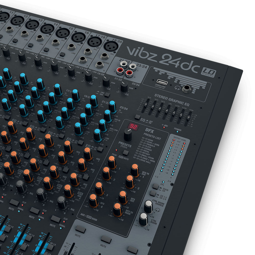 LD Systems VIBZ 24 DC - 24-kanals mixerpult med DFX og kompressor