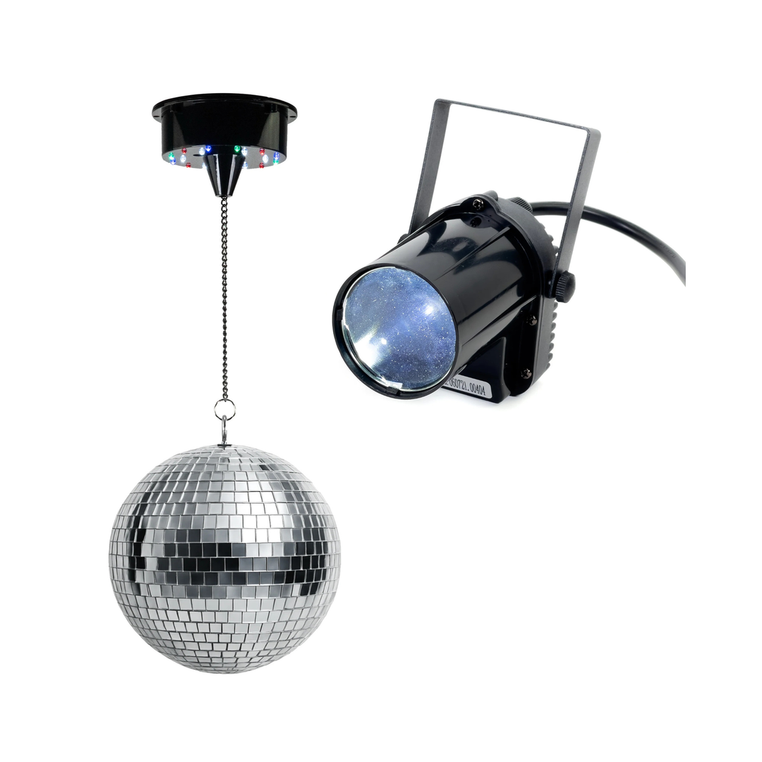 Batteridrevet diskokule m. LED (20 cm) & pinspot