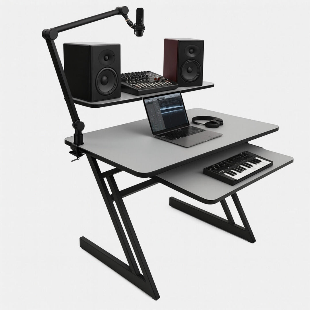 Studiebord med hyller og uttrekk til keyboard (120 cm)