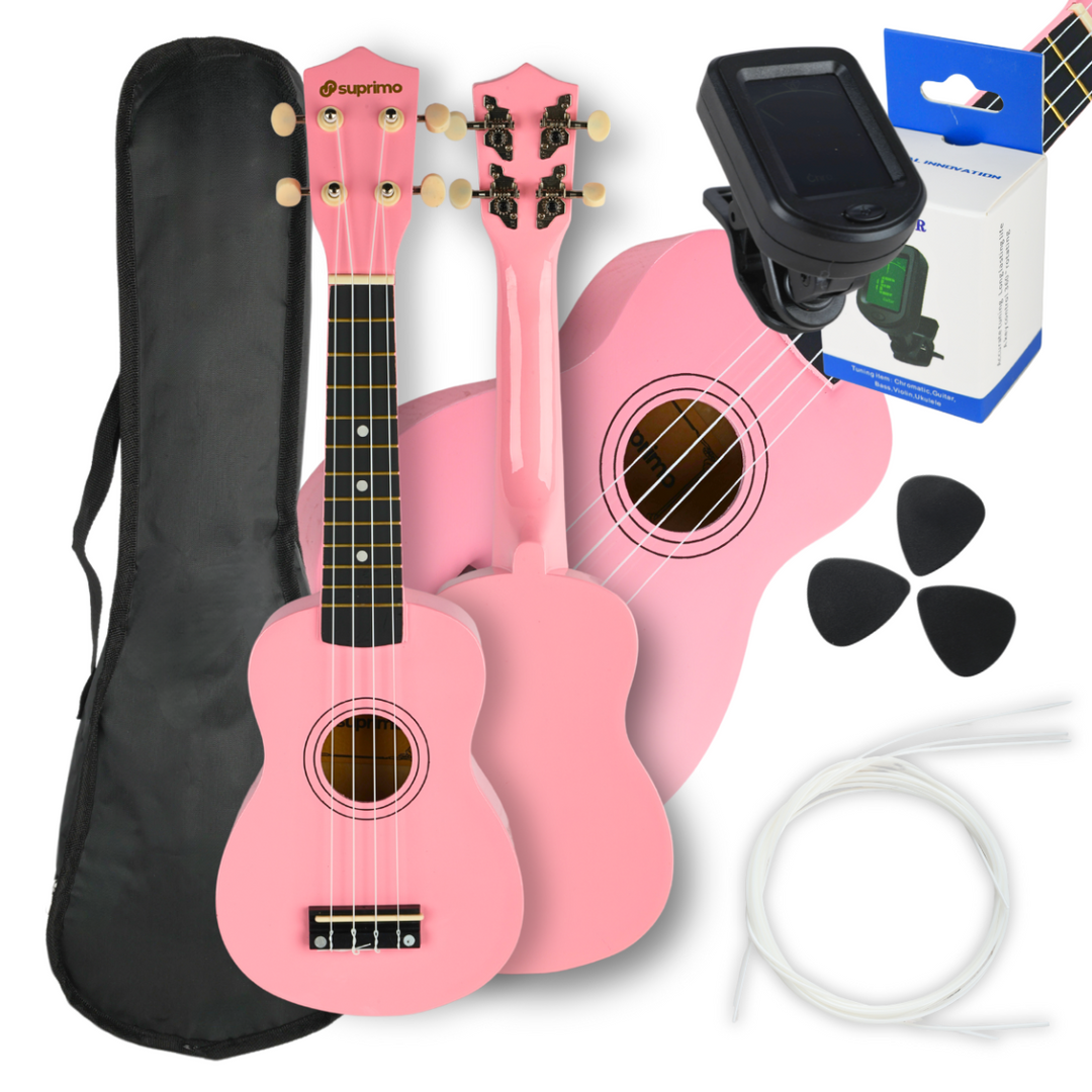 Ukulelesett med Etui, Tuner og Tilbehør, Pink