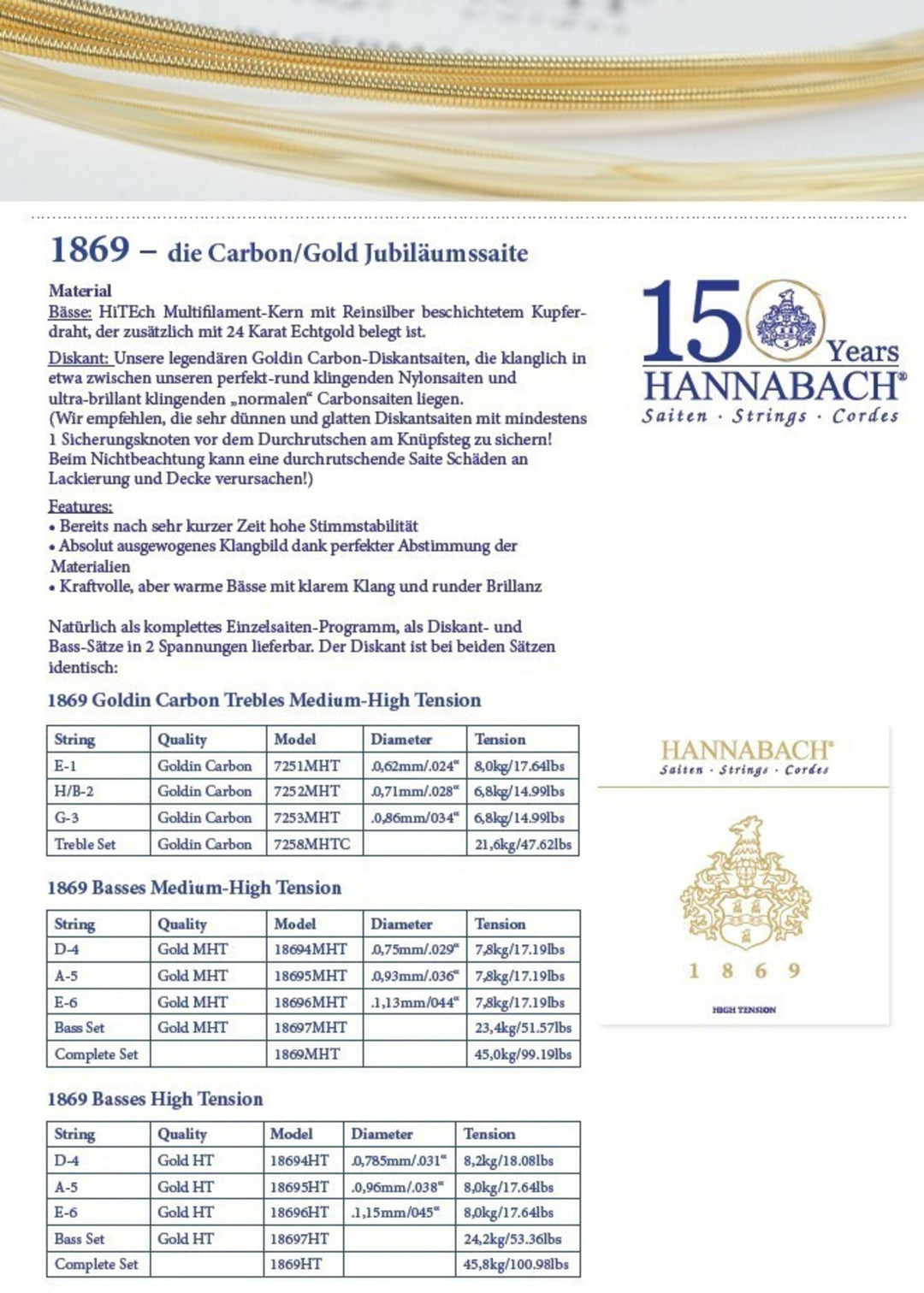 Hannabach strenger for klassisk gitar Serie 1869 Carbon/Gold MHT - sett MHT (1869MHT)