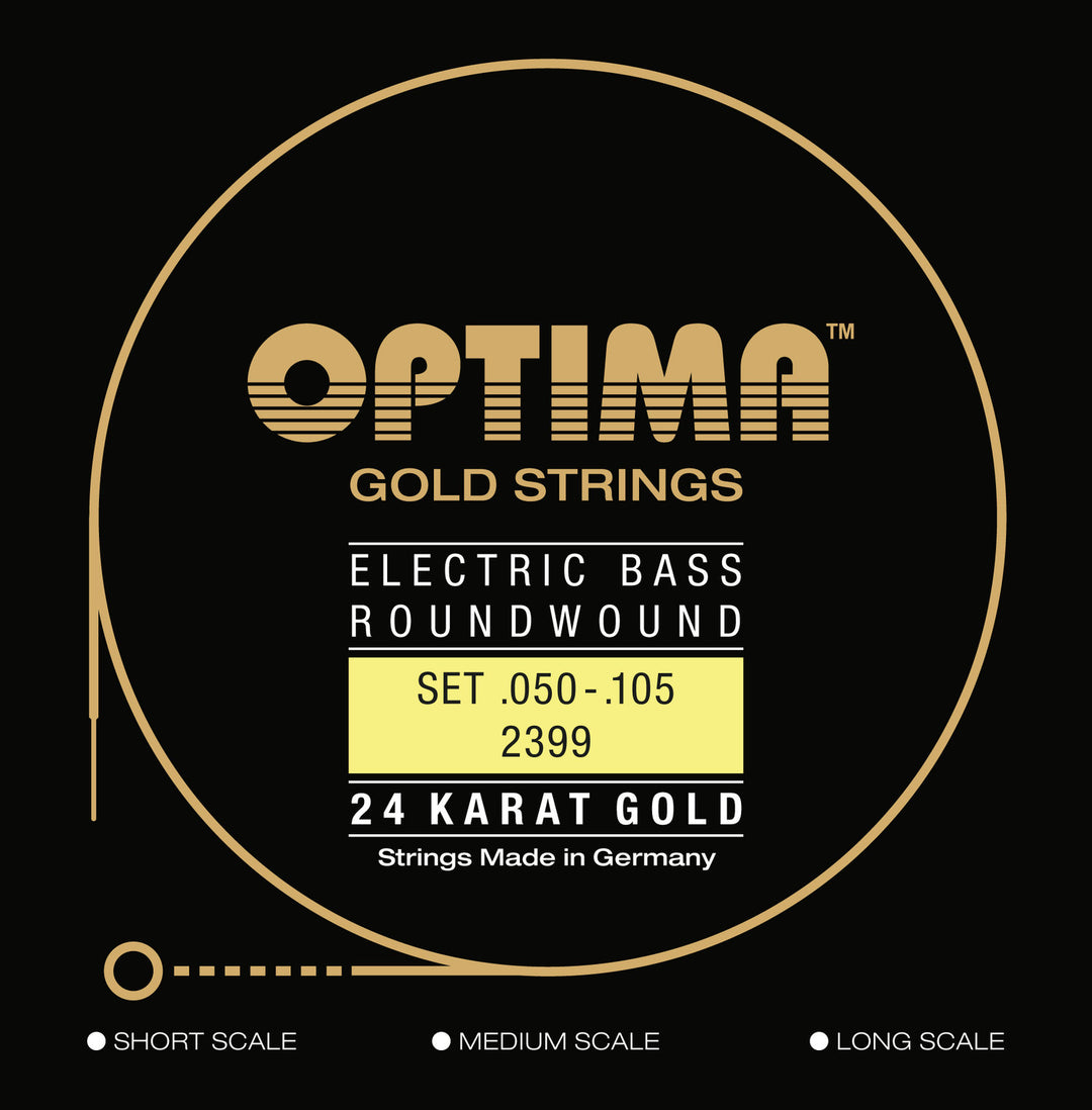 Optima E-bass-strenger Gold Strings rundviklede lang skala – sett 4-strengers medium (2399M)