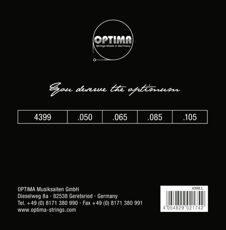 Optima E-Bass-strenger Chrome Strings rundviklede lang mensur – sett 4-strengers medium (4399M)