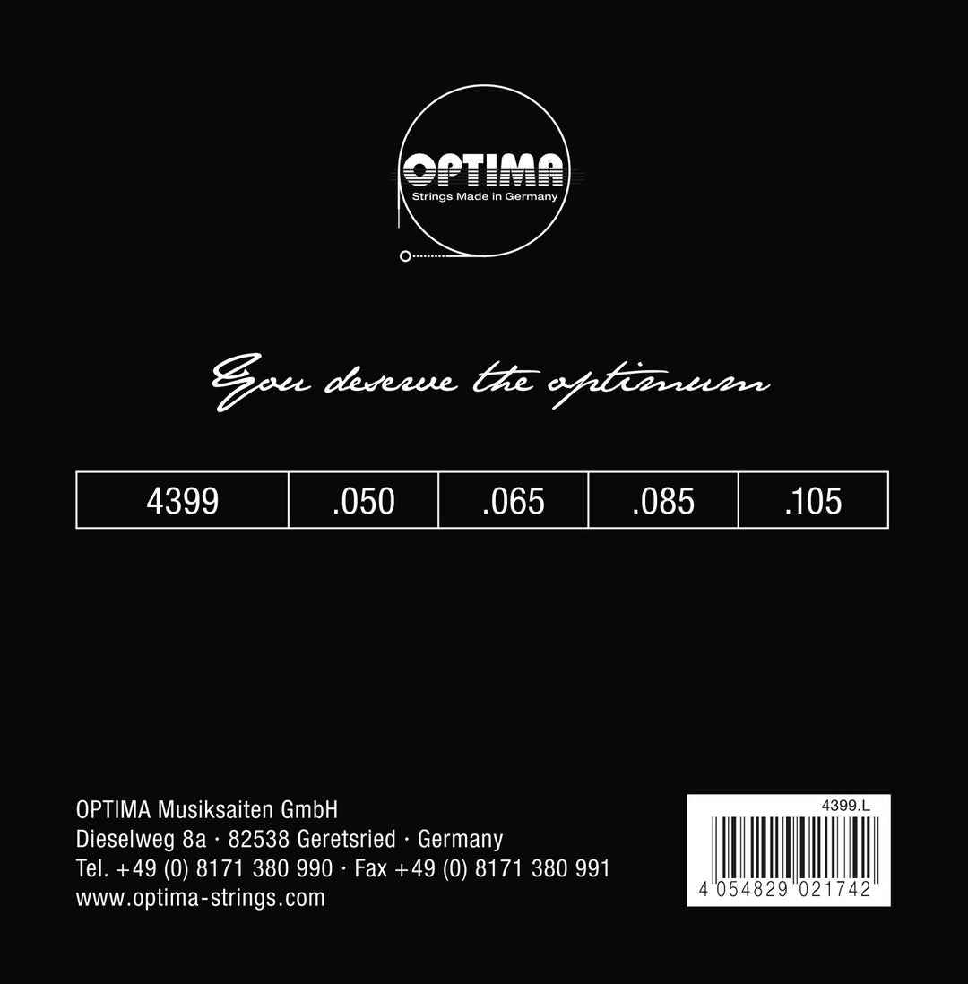 Optima E-Bass-strenger Chrome Strings rundviklede lang mensur – sett 4-strengers medium (4399M)