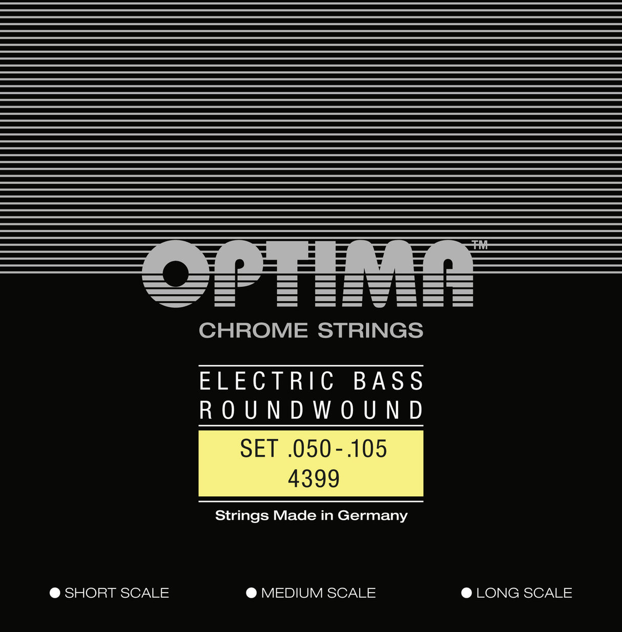 Optima E-Bass-strenger Chrome Strings rundviklede lang mensur – sett 4-strengers medium (4399M)