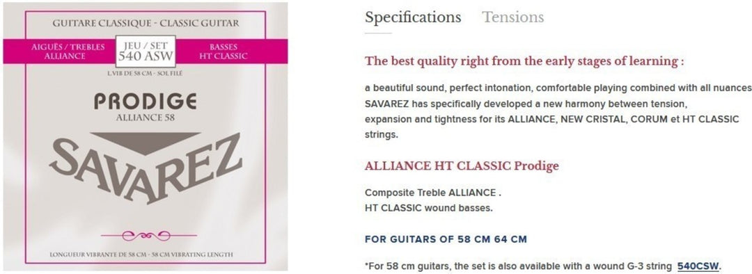 Savarez strenger for klassisk gitar Prodige 38 barne-Gitarer - 3/4-7/8 Carbon Gw (540ASW)