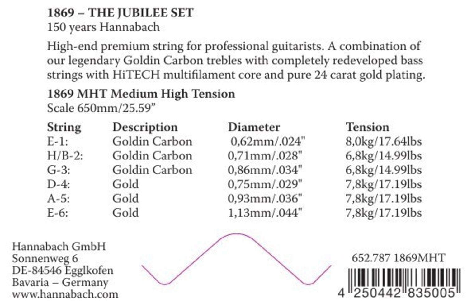 Hannabach strenger for klassisk gitar Serie 1869 Carbon/Gold MHT - E6 Gold MHT (18696MHT)