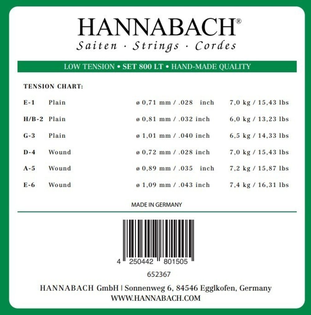 Hannabach 800 diskantsett E1, H/B2 og G3, low tension