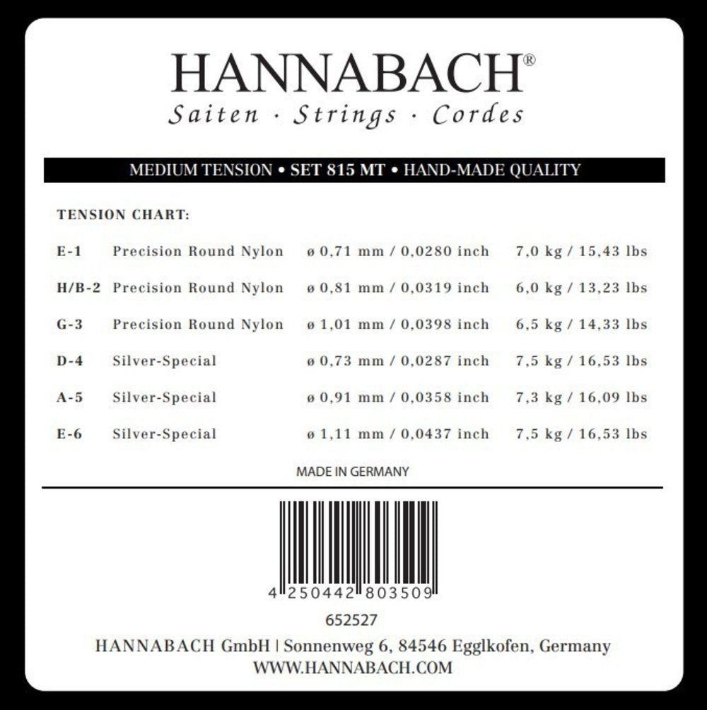 Hannabach 815 diskantsett E1, H/B2 og G3, medium tension