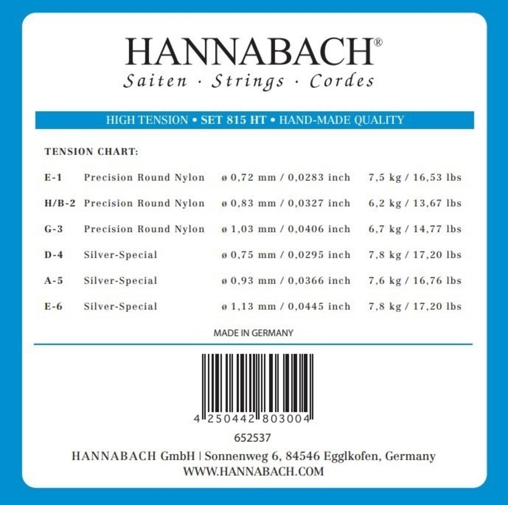 Hannabach 815 diskantsett E1, H/B2 og G3, high tension