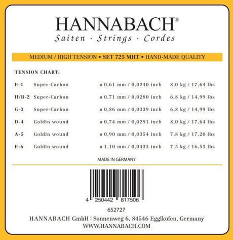 Hannabach-strenger til klassisk Gitarer Serie 725 Medium/High Tension Goldin – sett med 3 bass (7257MHT)