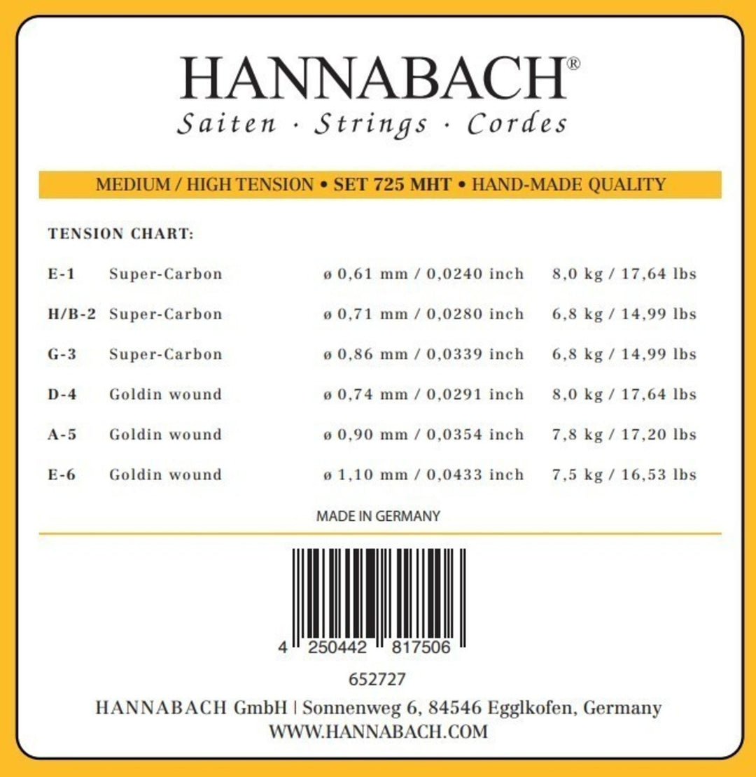 Hannabach strenger til klassisk gitar Series 725 medium/høy spenning Goldin - 3-delt diskantsett (7258MHTC)