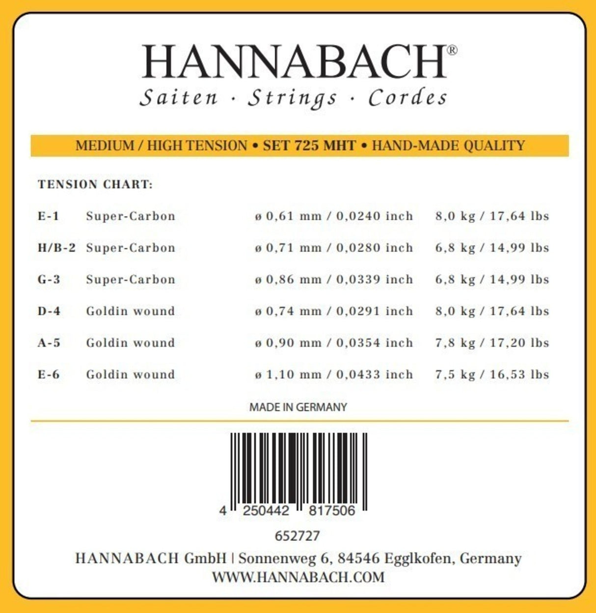 Hannabach strenger til klassisk gitar Series 725 medium/høy spenning Goldin - 3-delt diskantsett (7258MHTC)