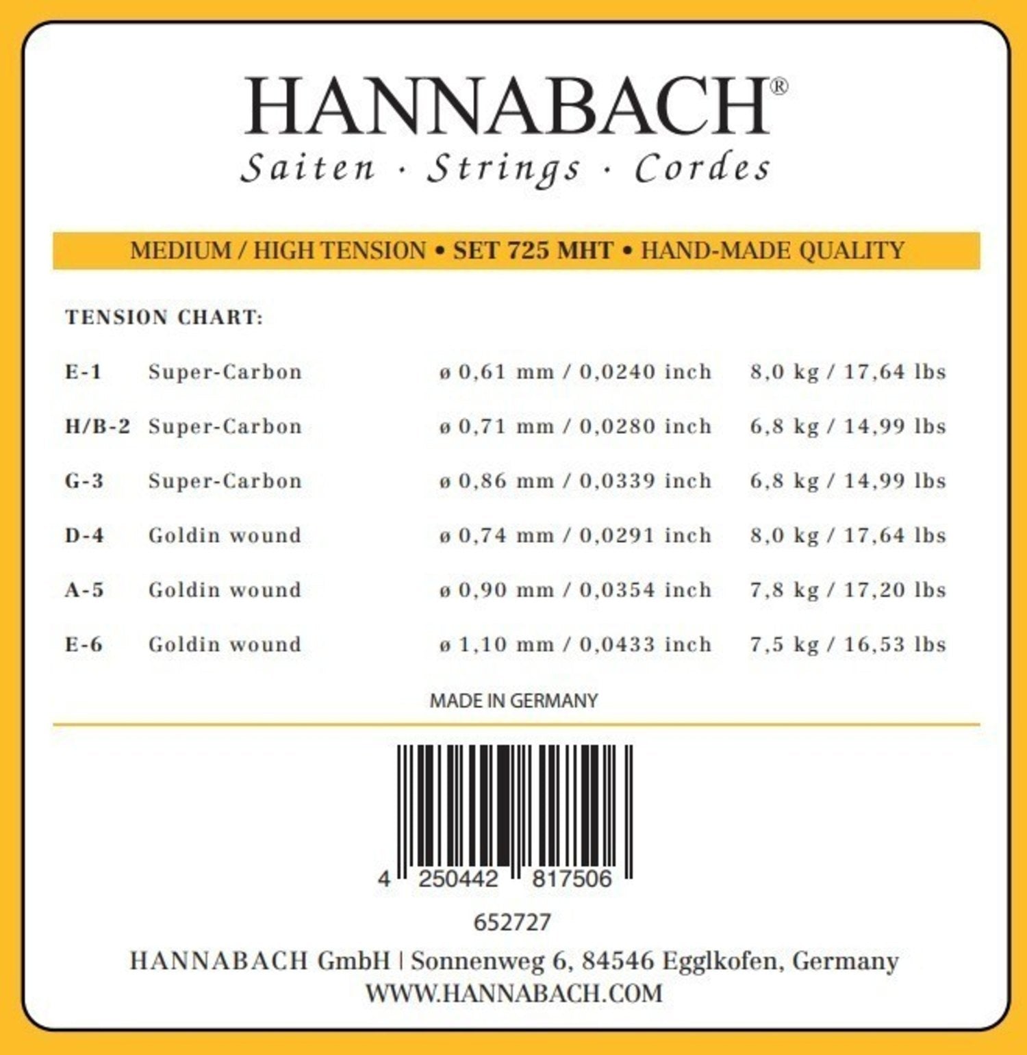 Hannabach strenger til klassisk gitar Series 725 medium/høy spenning Goldin - 3-delt diskantsett (7258MHTC)