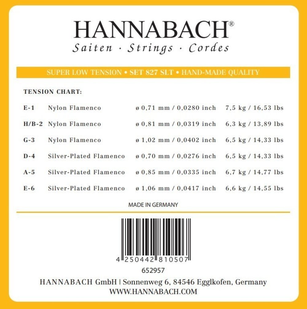 Hannabach 827 diskantsett E1, H/B2 og G3, superlav spenning