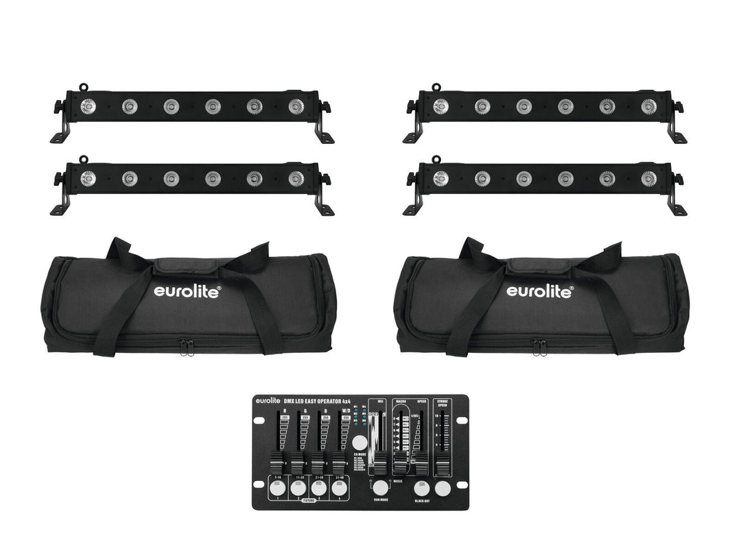 EUROLITE Sett med 4x LED BAR-6 QCL RGBW + 2x myk veske + kontroller