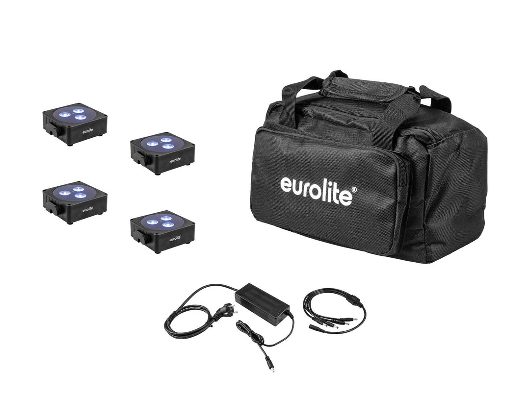 EUROLITE Sett med 4x AKKU Flat Light 3 bk + lader + softbag