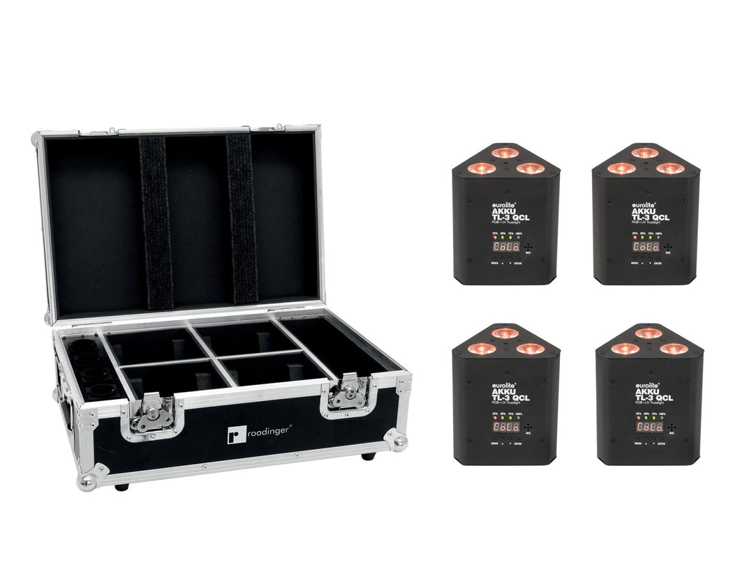 EUROLITE set 4x AKKU TL-3 QCL RGB+UV Trusslight + etui med ladefunksjon