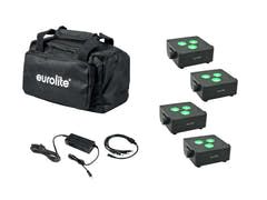 EUROLITE sett med 4x AKKU IP Flat Light 3 bk + lader + myk veske