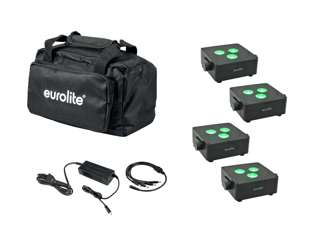 EUROLITE sett med 4x AKKU IP Flat Light 3 bk + lader + myk veske