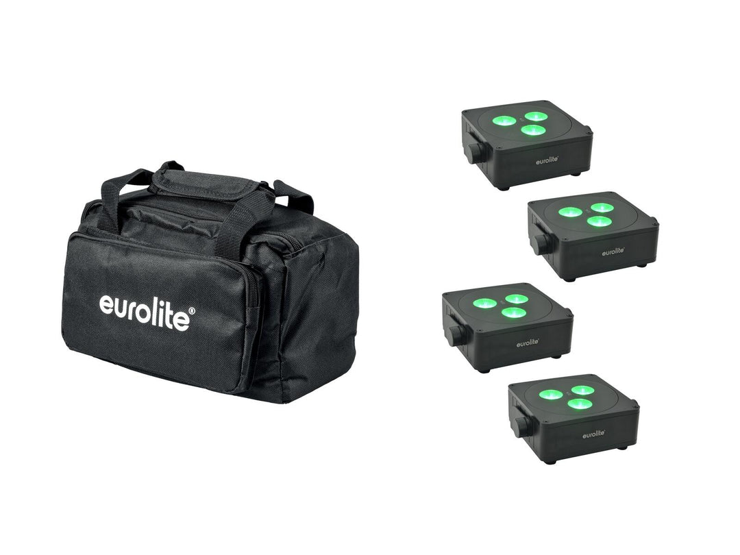 EUROLITE sett med 4x AKKU IP Flat Light 3 bk + Soft Bag
