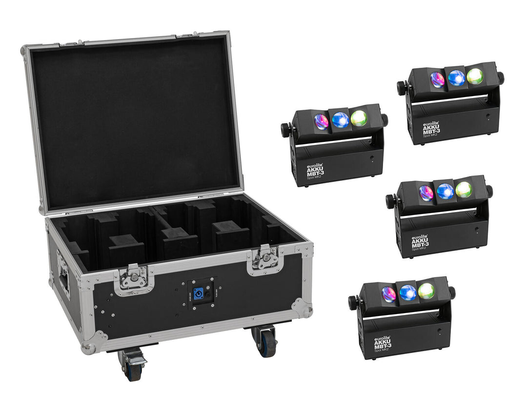 EUROLITE set 4x AKKU MBT-3 Spot MK2 + flightcase med hjul og ladefunksjon