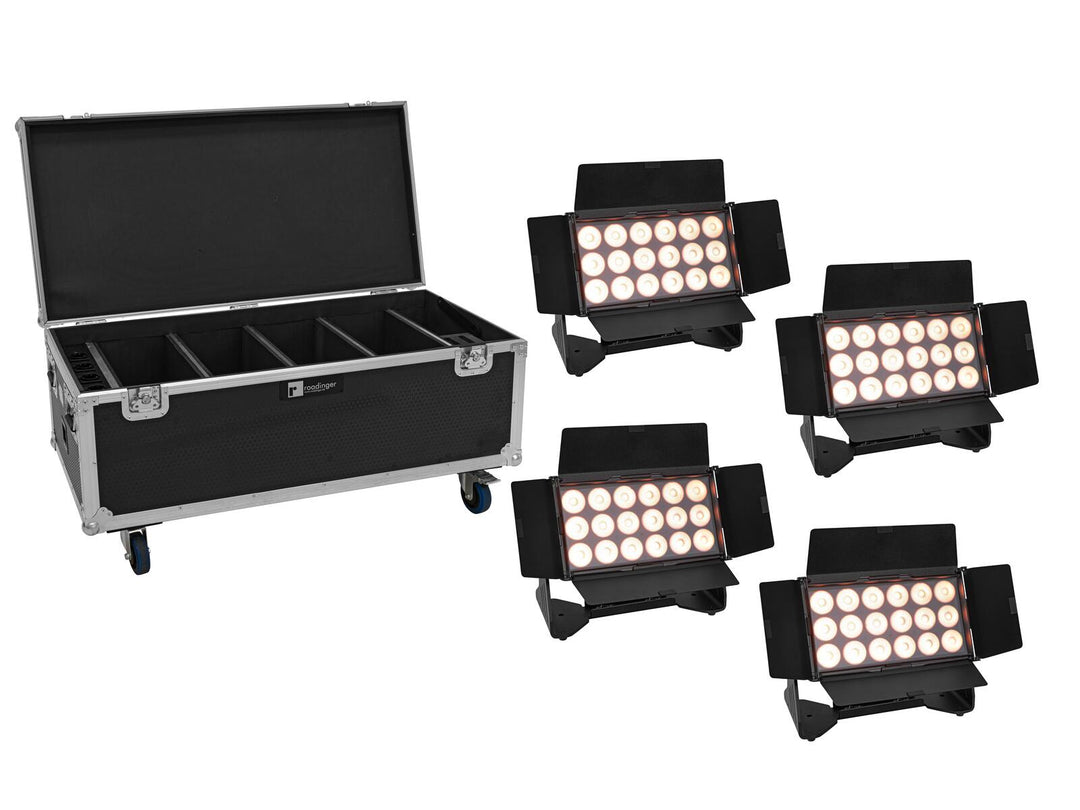 EUROLITE sett 4x AKKU Multiflood IP 18x10W RGBW Wash CRMX + koffert med hjul